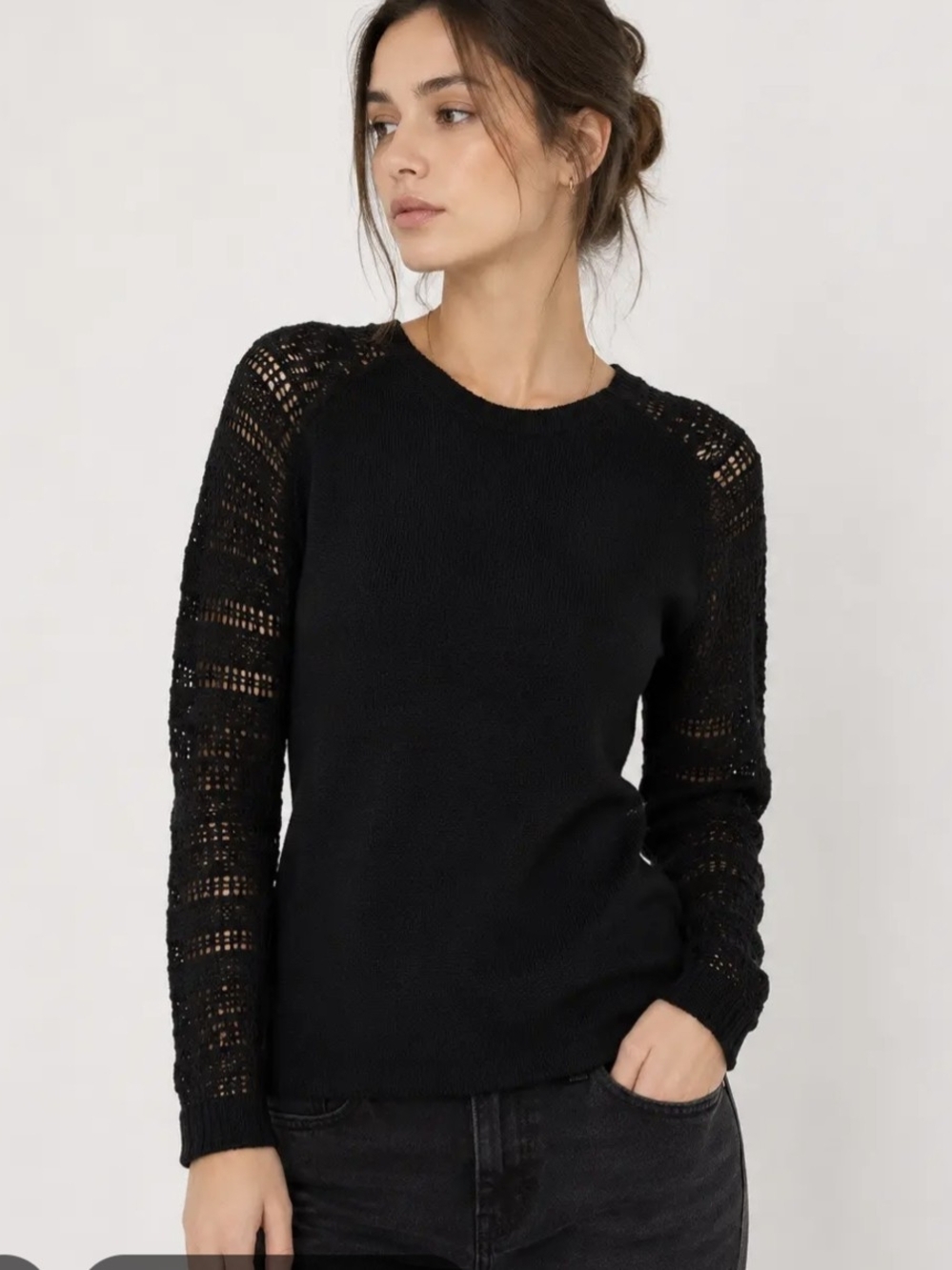 Sezane Black Cashmere Crewneck Sweater with Lace-Effect Sleeves